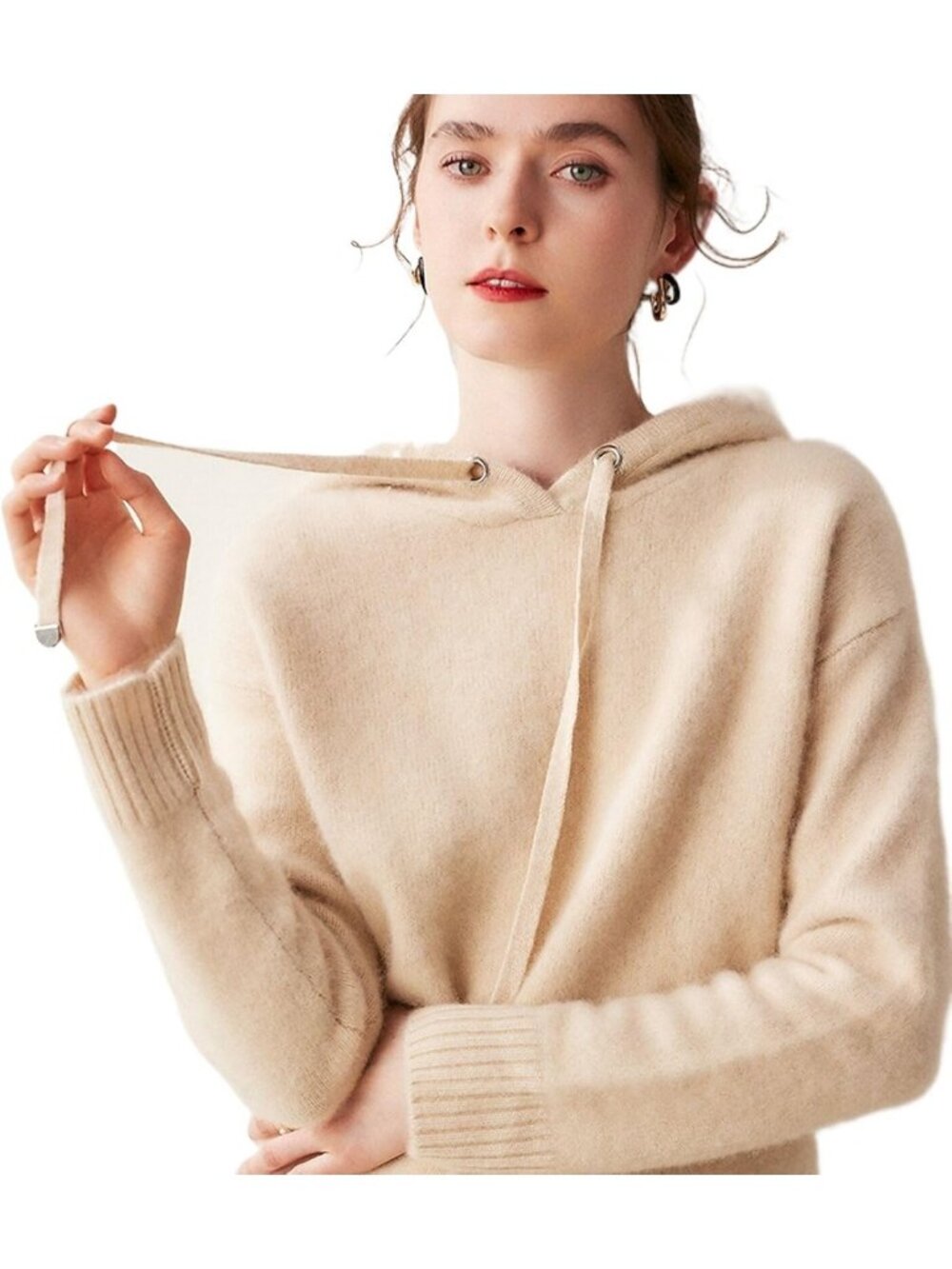 Cozy Cashmere-Wool Blend Long Sleeve Hoodie Pullover Sweater for Fall/Winter